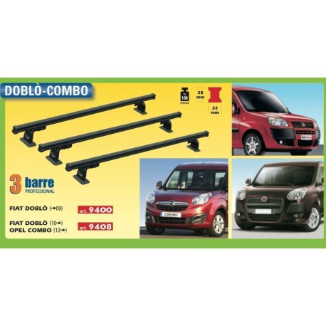 BARRE PORTATUTTO PORTAPACCHI GEV 9408 3 BARRE PROFESSIONAL ACCIAIO NERE PER FIAT DOBLO' (10...) E (15...) E OPEL COMBO (12...)