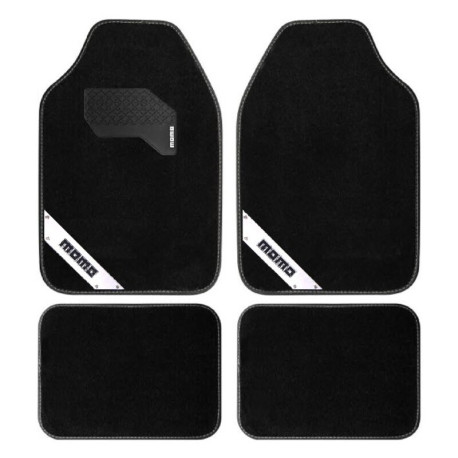 SET TAPPETINI AUTO UNIVERSALI IN MOQUETTE 4 PEZZI CON STRISCIA MARCA MOMO COLORE NERO/GRIGIO